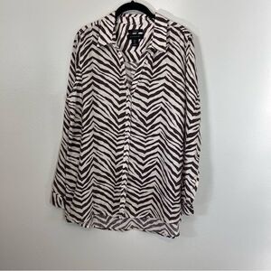 Tahari 100% Linen Shirt Top Button Up Zebra Print Roll Sleeves Women’s Size Lg